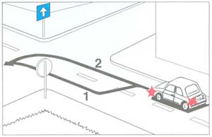 Ön a személygépkocsival balra kíván bekanyarodni. Melyik pályavonal a helyes, ha egyirányú forgalmú úton közlekedik?